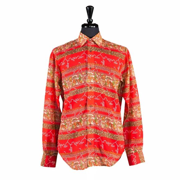 Mens Silky Shirt Button Up Red Abstract Graphic Summer Hawaiian Beach Medium - Picture 1 of 7
